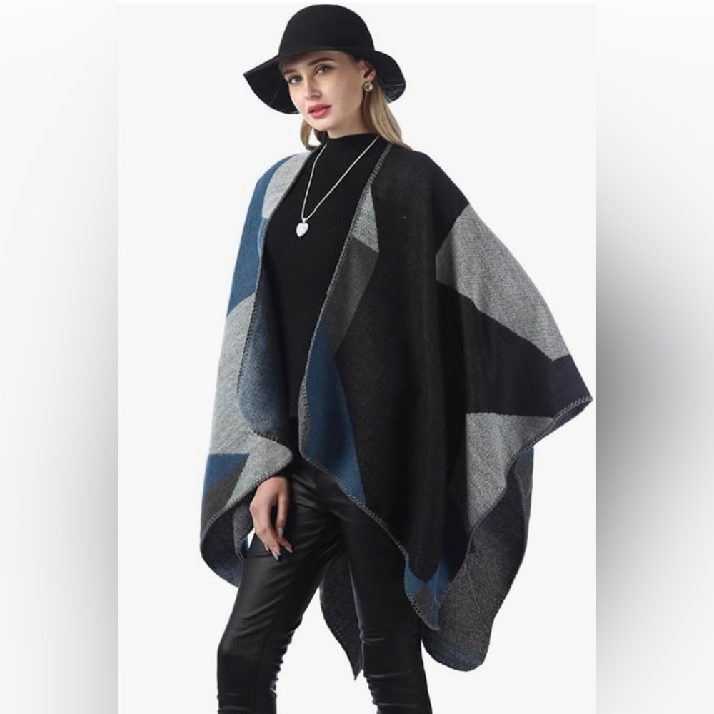 NWT Loft Reversible Plaid Weave Waterfall Shawl Ruana Poncho Sweater One Size